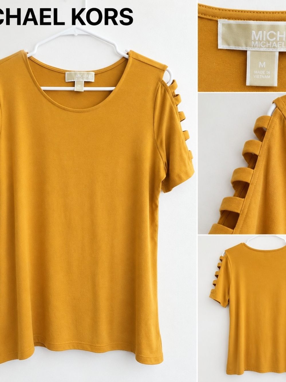 Michael Kors Mustard Short Sleeve Top with Ladder-Shoulder Detail